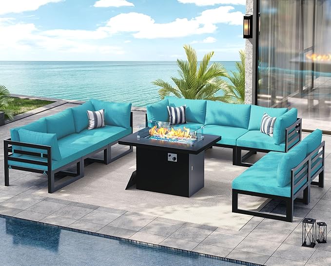 NICESOUL 9 Piece Modern Aluminum Patio Furniture Set with Fire Pit Table, 500 lbs Heavy Duty Outdoor Sectional Sofa, 29" Deep Wide Oversized Seating L Shaped Conversation Couch for Garden, Turquoise