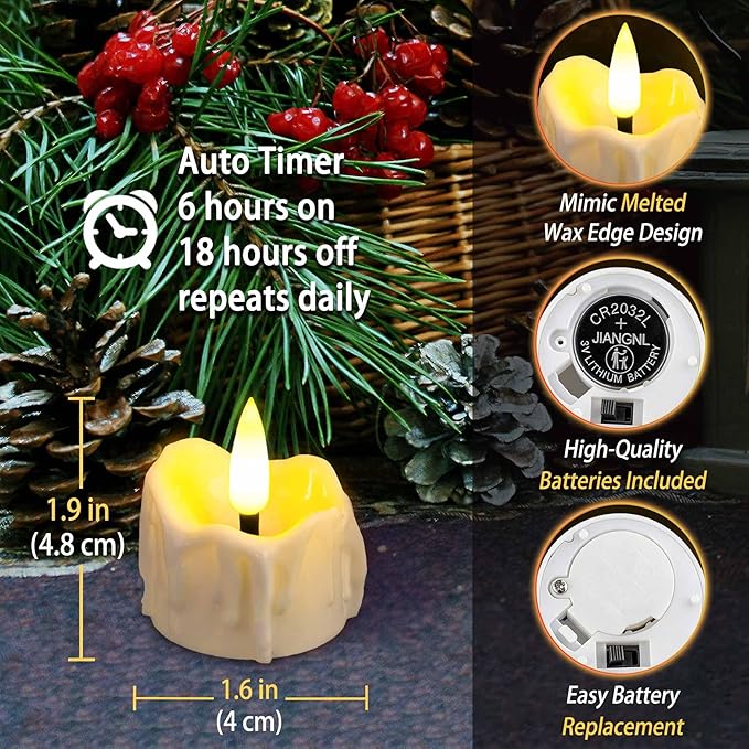 24 Pack LED Timer Tea Lights Battery Operated, Flameless Flickering Electric Timer Votive Candles, Small LED Flicker Fake Tealight Candle Bulk for Christmas Party Halloween Pumpkin Decorations