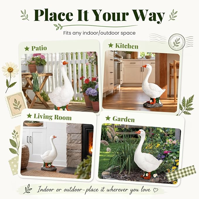 GIGALUMI 19" Porch Goose Statue, Durable Resin Garden Decor Hand-Painted | Animal Sculpture Indoor Outdoor, Patio Lawn Yard Art Ornaments, Birthday Housewarming Gift for Women Mom Grandma Friends