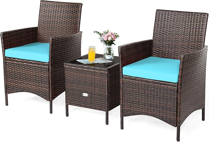 Tangkula 3-Piece Patio Conversation Set, Wicker Chairs with Glass Top Square Coffee Table & Cushions, All-Weather Outdoor Rattan Furniture Set for Garden Backyard Balcony Poolside (Turquoise)