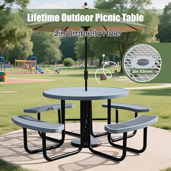 8 Person Metal Picnic Table for Outdoors, 46Inch Heavy Duty Sturdy Round Picnic Tables W/ 4 Benches & Umbrella Hole, Weatherproof Commercial Picnic Table for Garden, BBQ, Coffee Store, Patio, Porch