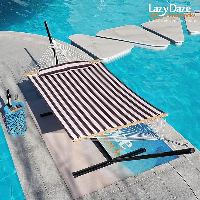 Lazy Daze 12 FT Quilted Double Hammock with Spreader Bar, 2-Person, 450 lbs Capacity, Brown White