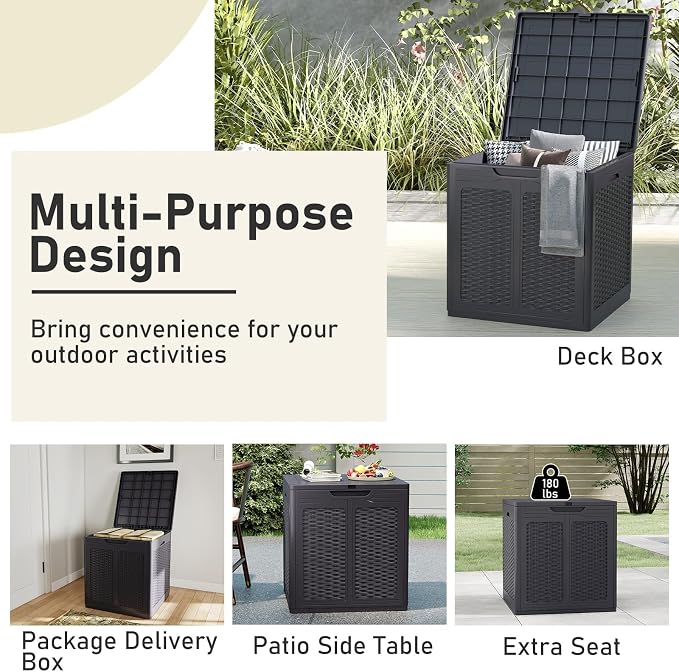 Giantex 39 Gallon Outdoor Storage Box, PP Deck Container with Rattan Patterns & Lockable Lid, Patio Plastic Storage Bin for Package Delivery, Garden Tools, Patio Cushions (39 Gal,Brown)