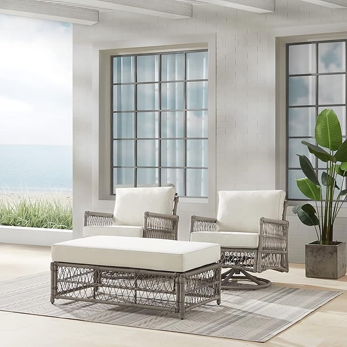 Crosley Furniture Thatcher 3-Piece Outdoor Swivel Rocker Chair and Ottoman Patio Furniture Set, Wicker Conversation Sets for Porch, Driftwood with Creme Cushions