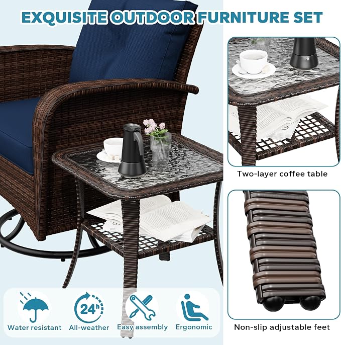 3 Pieces Conversation Furniture Set of Patio Swivel Rocking Chairs and End Table, Wicker Rattan Outdoor Set with Washable Cushions for Backyard, Poolside, Sunroom (Navy Blue)