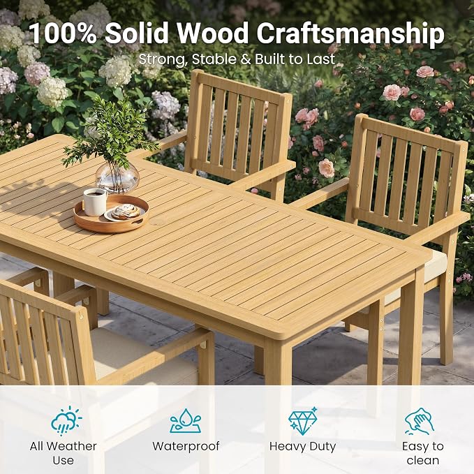 FansaFurn 6 Pieces Acacia Outdoor Patio Table and Chairs Set for All-Weather, Outside Furniture with Table Umbrella Hole and Removable Cushion for 6, Outdoor Patio Furniture Set for Garden, Brown