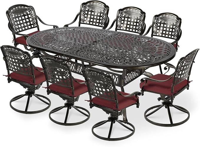 VIVIJASON 9-Piece Outdoor Patio Furniture Dining Set, All-Weather Cast Aluminum Conversation Set, Include 8 Swivel Dining Chairs and an Oval Table with Umbrella Hole for Garden Backyard, Red Cushion