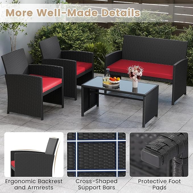 Tangkula 8 Pieces Patio Wicker Furniture Set, Outdoor Heavy Duty Rattan Cushioned Chairs, Loveseat and Tempered Glass Coffee Table, for Backyard, Balcony, Poolside