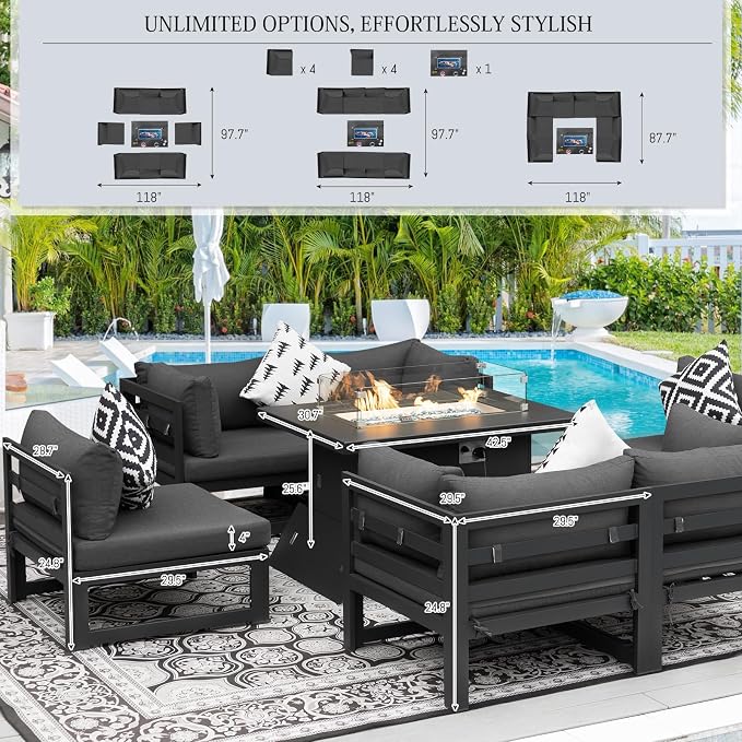 BULEXYARD 9 Piece Modern Aluminum Outdoor Patio Furniture Set with Fire Pit Table Propane/Gas, Large All-Weather Modular Sectional Couch, 29" Wide Deep Seating Conversation Sofa for Deck, Dark Grey