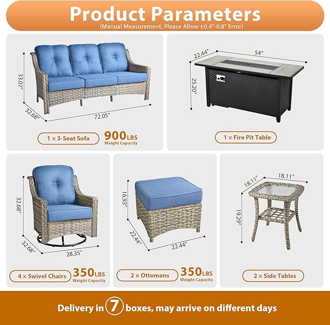 10 PCS Outdoor Patio Furniture Sets, Patio Conversation Sets Outside Rattan Soft Cushion Sofa with 4 Wicker Rocking Chairs & 54 in Fire Pit Table Fit Backyard Garden Poolside Balcony,Diamond Blue