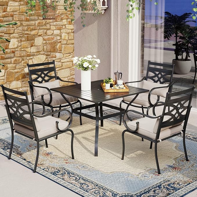 MFSTUDIO 5-Piece Patio Dining Set, 37" Square Metal Table, Fixed Chairs | Umbrella Hole, Seats 4, All-Weather Use