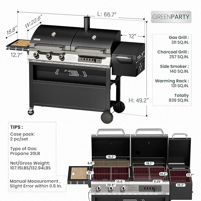 3-Burner Gas and Charcoal Grill Combo with Offset Smoker, 30,000 BTU Dual Fuel Grill, 839 Sq. In. Cooking Area BBQ Grill, Ideal for Outdoor Cooking Patio Backyard Balcony