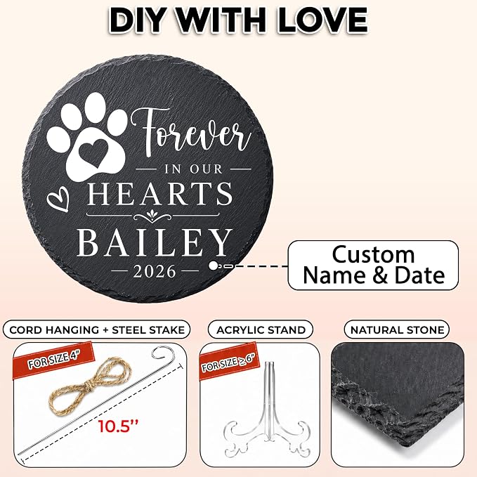 Personalized Pet Memorial Stone, Forever in Our Hearts Dog Cat Memorial Garden Stone, Passing Away Sympathy Gift for Loss of Dog, Waterproof Natural Slate Remembrance for Indoor Outdoor