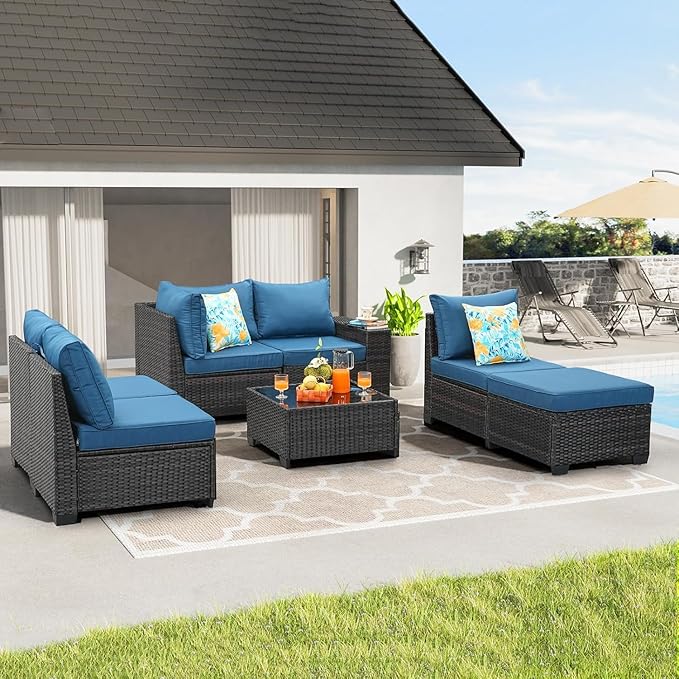 7 Pieces Outdoor Patio Furniture Set, Wicker Conversation Sets with Tea Table, Rattan Patio Sofa with Thick Cushions for Garden, Backyard Porch, Poolside,Peacock