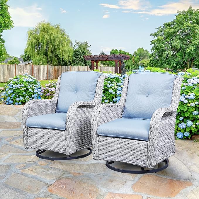 HUMMUH Patio Furniture 6 Pieces Outdoor Furniture Set Wicker Outdoor Sectional Sofa with Swivel Rocking Chairs,Patio Ottomans,Patio Coffee Table(Light Grey/Light Blue)