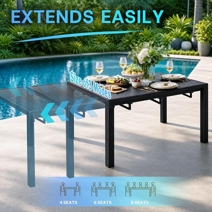 Bigget Extendable Outdoor Dining Set for 8, Expandable 8 Person Outdoor Dining Table Set with Highback Wide Deep Seat Armchairs 450LBS, Sturdy Powder-Coated 9 Piece Patio Dining Set for Backyard, Gray
