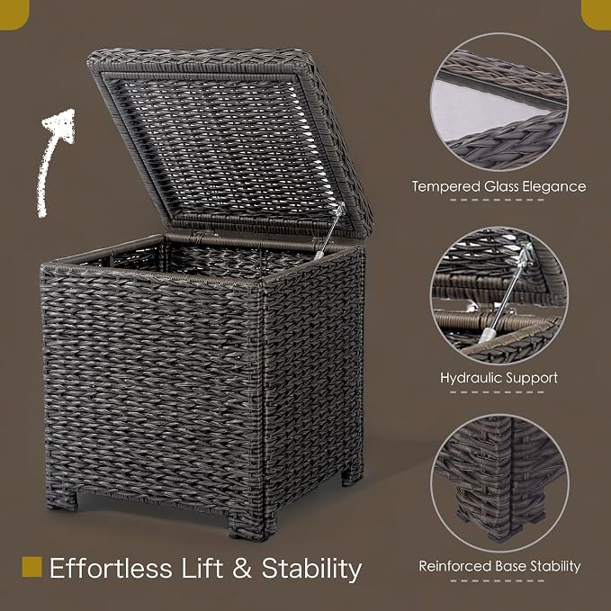 Classic Outdoor Storage Side Table, Weather-Resistant HDPE Rattan Wicker Patio Coffee Table w/Tempered Glass Flip Top for Porch Pool, Dark Brown