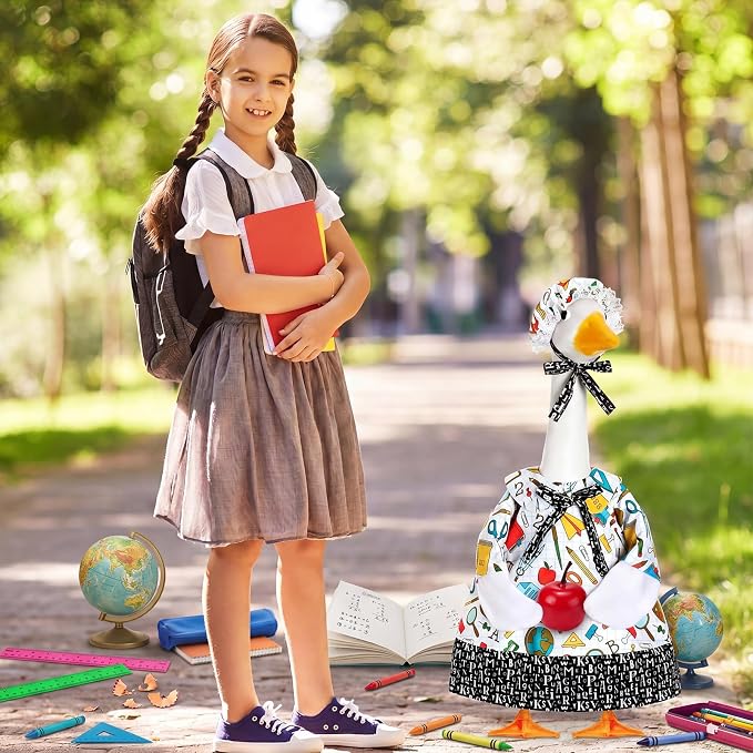 FuWeave Back to School Porch Goose Outfit Set for Plastic Statue Lawn Porch Goose Clothes with Schoolbag for Patio Decor