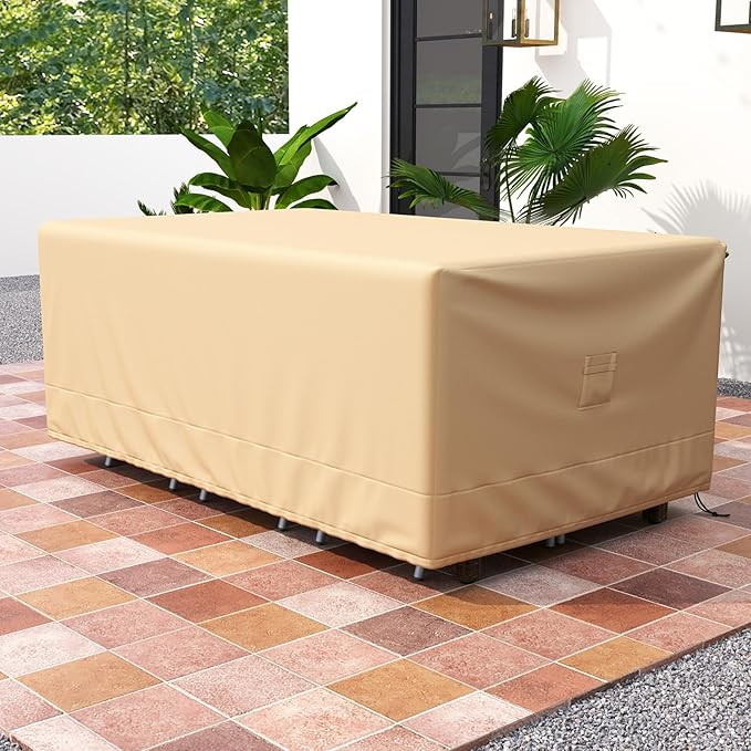 Tangkula Patio Furniture Covers, Outdoor Table Cover Waterproof with Padded Handle & Click-Close Straps, Air Vent, Heavy Duty PU, Rectangle Patio Cover for Outdoor Furniture, 90" W x 50" D x 32" H