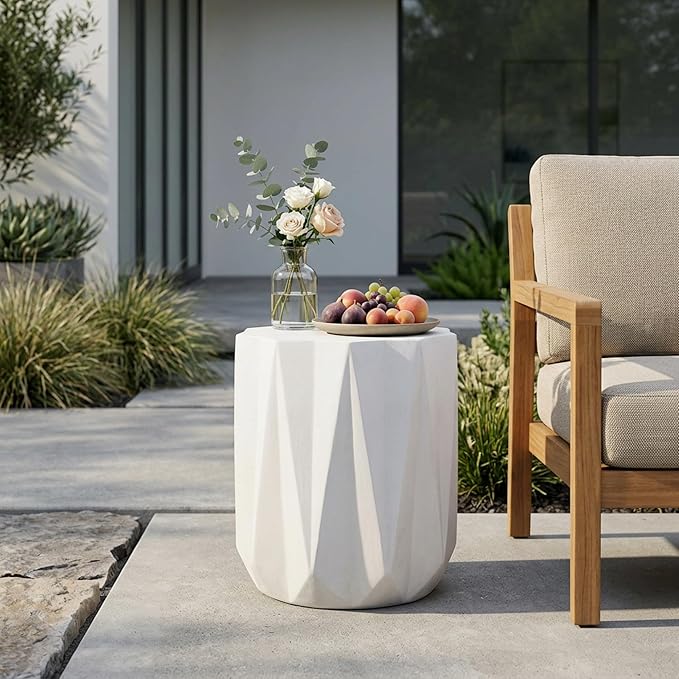 Concrete Side Table Outdoor Faux Stone Hourglass End Table, Round Outdoor Accent Table Patio Garden Stool Plant Stand for Porch, Backyard Patio Antique White 15.50"*17.75"