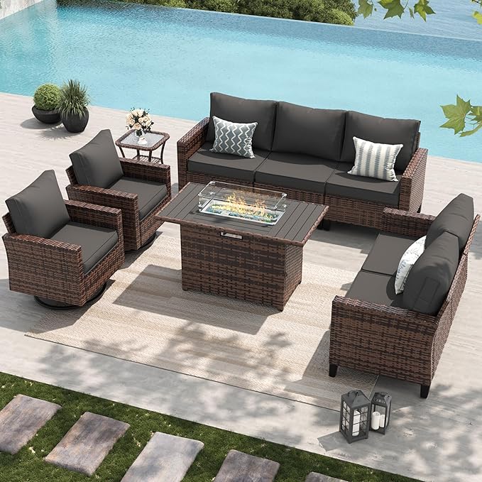 Amopatio Patio Furniture Set, 6-Piece Wicker Outdoor Sectional Sofa with Swivel Rocker Chairs, All-Weather Rattan Conversation Set with Fire Pit Table and Waterproof Cover for Backyard Brown/Grey