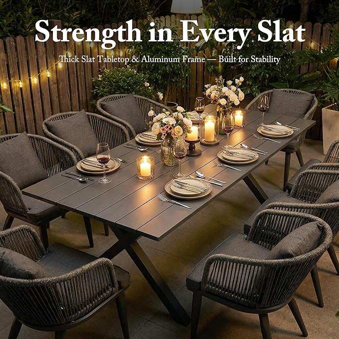 PURPLE LEAF 9 Pieces Patio Dining Set Wicker Outdoor Furniture Rectangular Table and Chairs Set for Garden Deck Aluminum Frame Backyard Kitchen Set, Cushions and Pillows Included Grey