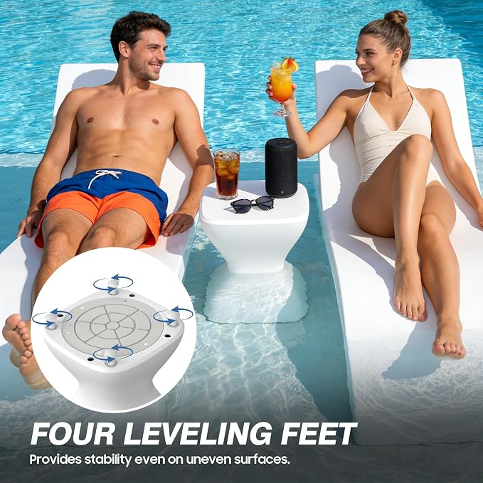 Multi-Scene Outdoor Side Table - 18" Polyethylene Pool Side Table, Pre-Weighted & Adjustable Feet for Stability in Pool, on Patio or Deck -All-Weather Pool Furniture, White