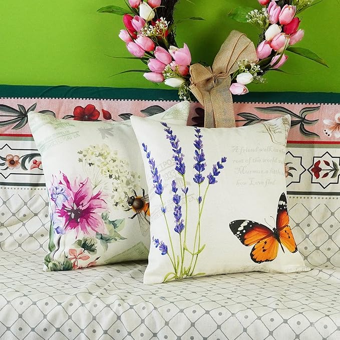 ONWAY Decorative Throw Pillow Covers 16x16 Inches Set of 4 Summer Spring Garden Farmhouse Decor Cushion Cases for Porch Couch Sofa Bench Patio Furniture