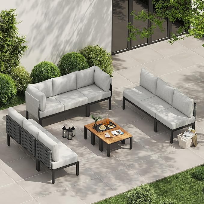 PIZZELLO 12 Pieces Outdoor Patio Furniture w/ 6" Thick Cushion, U-Shaped Sofa Set, All Weather Sectional Conversation Modular Couch for Garden, Deck, Lawn