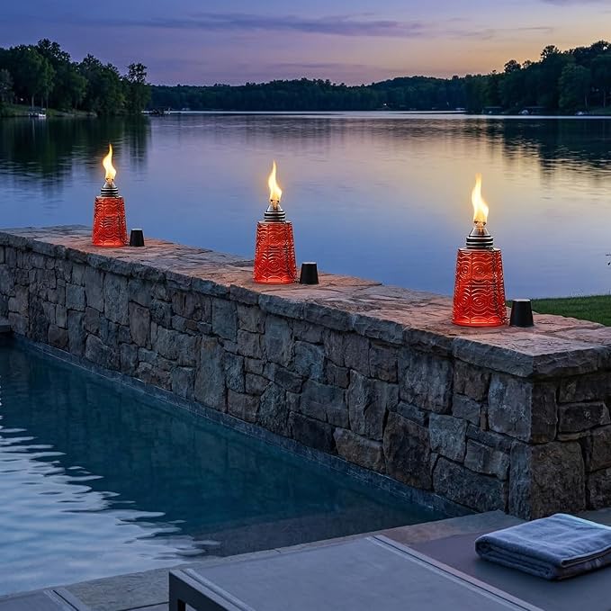 Seraphic Citronella Table Top Torches for Outdoor Patio, 16oz Decorative Glass Torch Citronella Candles for Outside Deck, Garden, Parties, Set of 3, Red