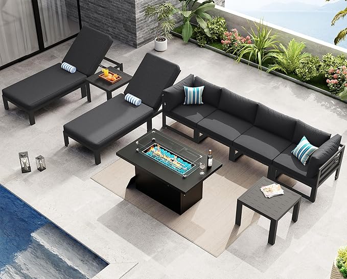 NICESOUL 9 Piece Luxury Aluminum Outdoor Sectional Sofa with Lounge & Fire Pit Table, Large Modular Patio Furniture Set, 29" Deep Wide Seating, 500 lbs Heavy Duty Conversation Set for Deck, Dark Gray