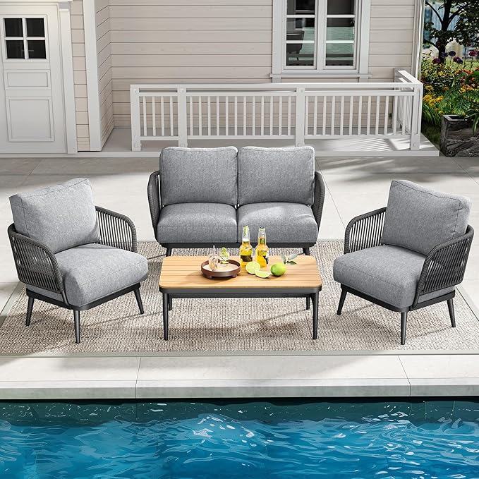 Outdoor Patio Furniture Set 5-Piece, Outdoor 4-Seat Sofa with Coffee Table, Waterproof Thick Cushion Patio Conversation Set, All Weather Outdoor Couch Set for Deck, Lawn, Balcony, Porch