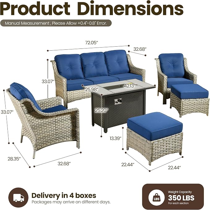 6 Piece Patio Furniture Set with Fire Pit Table, Outdoor Wicker High Back Sofa Chairs Ottoman with Comfy Cushions, Modern Conversation Sets for Backyard Deck Garden Poolside, Navy Blue