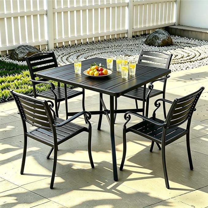 4-Seat Small Metal Square Outdoor Table with Umbrella Hole, Weather-Resistant Black Patio Dining Table for Backyard, Compact Sturdy Table with Slatted Top for Porch & Poolside