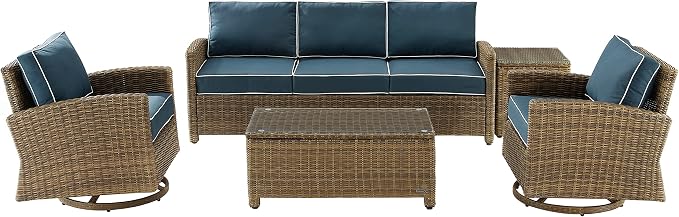 Crosley Furniture Bradenton 5-Piece Wicker Outdoor Sofa and Swivel Rocker Patio Furniture Set for Porch, Brown with Navy Cushions