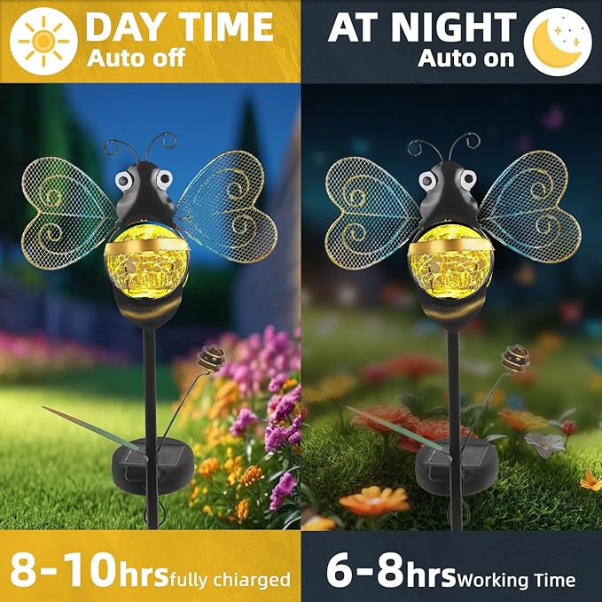 Solar Bee Garden Stakes Lights Outdoor Waterproof 2 Pack Metal Garden Stakes Decorative Bee Decor for Outside Yard Lawn Patio Decorations Whimsical Solar Lights Outdoor Gardening Gifts for Women