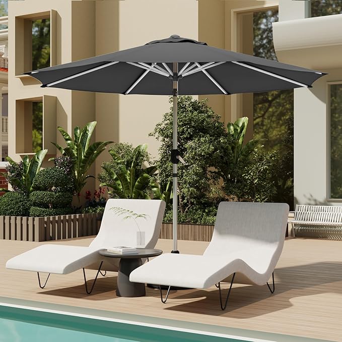 10FT Aluminum Outdoor Patio Umbrella, Fade-Resistant Market Umbrella with Push Button Tilt Function, 8 Sturdy All-Aluminum Ribs for Gardens, Patios, Backyards & Pools