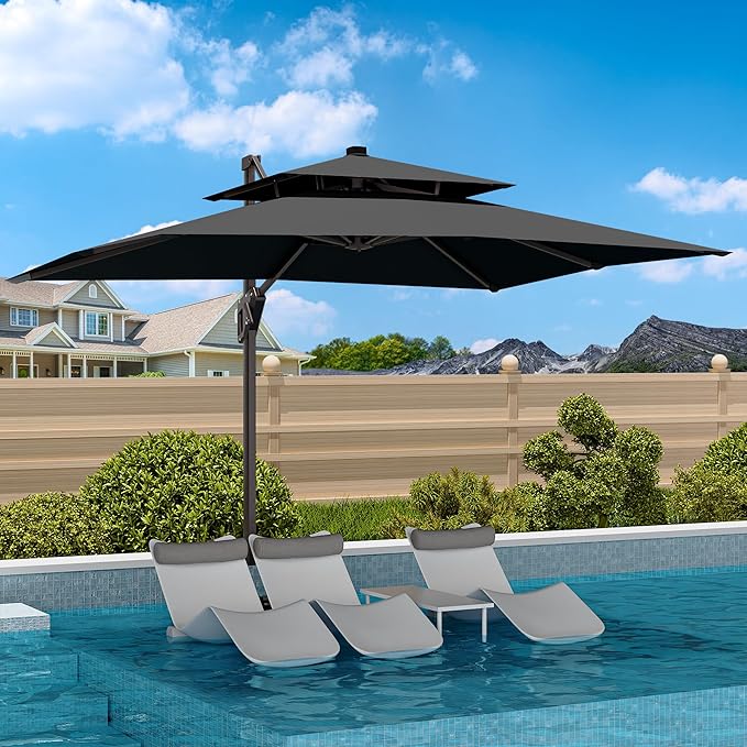 9' X 12' Cantilever Patio Umbrella with Base Included Double Top Rectangular Outdoor Large Offset Umbrellas with 7 Tilts Adjustable 360°Rotation for Deck Pool Garden Backyard, Grey