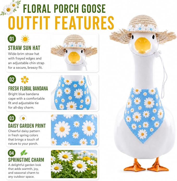 Summer Floral Porch Goose Outfit - 2Pcs Cute Blue Daisy Cottage Style Clothes with Straw Hat & Bandana Bib, Garden Lawn Decoration for 23 Inch Cement/Plastic Statue