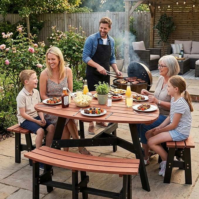 6-Person Semi-Circular Fir Wood Picnic Table, Brown Top/Black Legs, 3 Built-in Benches & Umbrella Hole, Patio