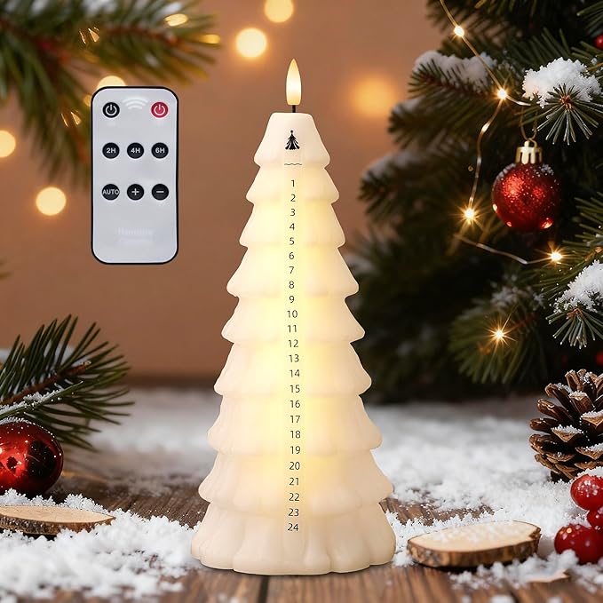 Christmas Tree Candles with Remote, Real Wax Christmas Countdown Candle, Countdown to Christmas Battery Operated Candles, Xmas Flameless Advent Candle for Table Decor