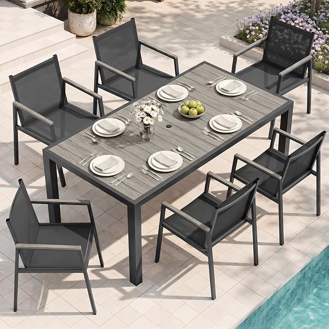 Outdoor Dining Table, Aluminum Patio Table Set, All Weather Patio Dining Furniture Set with Umbrella Hole for Backyard, Deck, Poolside (Gray)