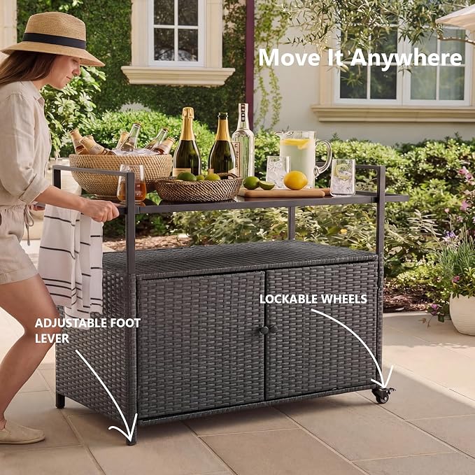 51.2" Wicker Outdoor Bar Cart - Brown Patio Console Storage Table Buffet Cabinet Serving Kitchen Cart with Wheels for Outside Backyard