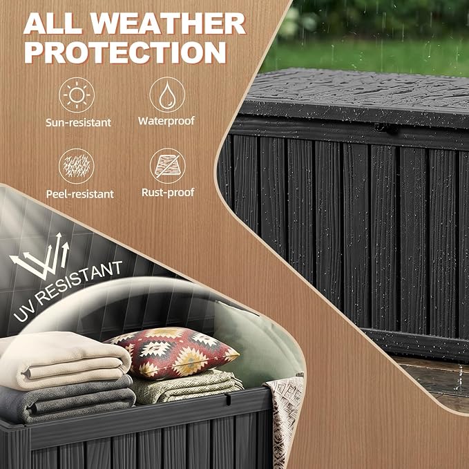 EFU Outdoor Storage Box 180 Gallon Deck Box (Indoor & Outdoor) Lockable UV Resistance Waterproof Resin Storage Bin Storage Box for Outdoor,Patio Storage With Support Rod(Black)