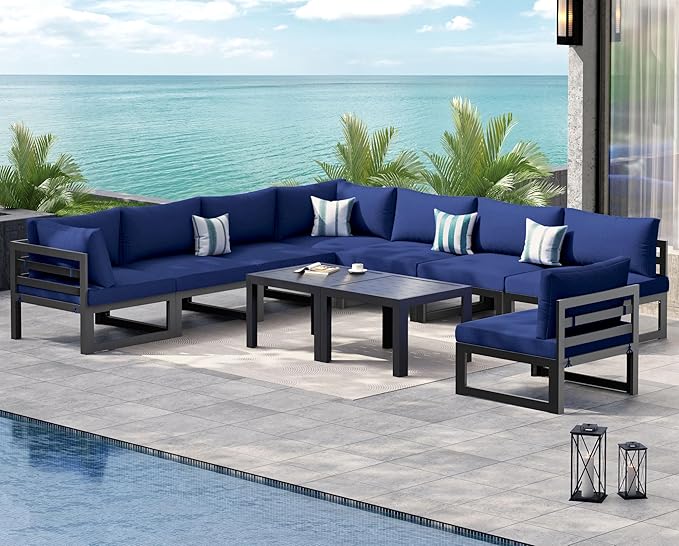 NICESOUL Extra Large Modern Aluminum Outdoor Sofa, 29" Deep Wide Seating, 500 lbs Heavy Duty Sectional Set for Heavy People, Fade & Water Resistant Patio Furniture Set for Backyard Poolside, Navy Blue