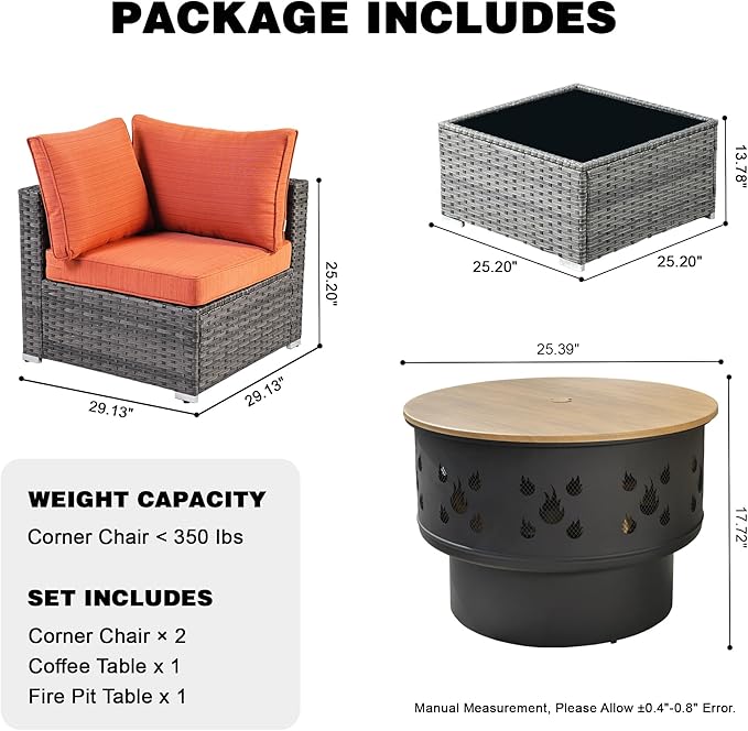 HOOOWOOO 4-Piece Outdoor Wicker Patio Furniture Set, Modular Sectional Sofa with Cushions, Side Table, and Fire Pit Table, All-Weather Rattan Garden Seating for Patio, Porch, or Balcony (Orange Red)