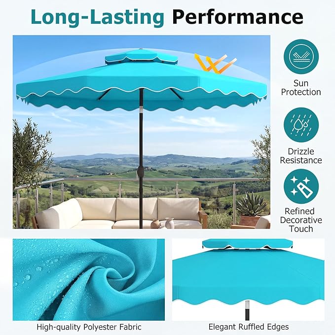 Happygrill 10 FT Patio Umbrella, Scalloped Outdoor Table Market Umbrella with Push Button Tilt & Crank, 2-Tier Vented Top, Heavy-Duty 8 Metal Ribs, Sun-Protective Canopy, Ruffle for Deck Pool Garden (Turquoise)
