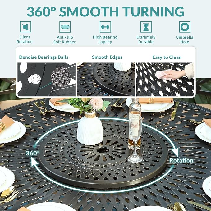 MEETWARM 61" Outdoor High Bar Dining Table for 8 Person, All Weather Cast Aluminum Large Round High Top Dining Table with 24" Lazy Susan, Patio Bar Height Table for Garden Backyard, 2" Umbrella Hole