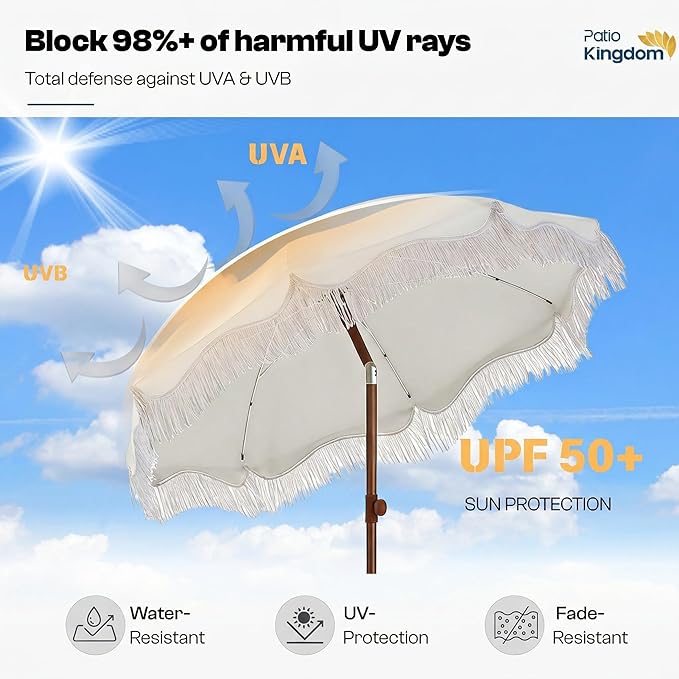 7ft Patio Umbrella with Fringe, Boho Beach Umbrellas, Outdoor Tassels Umbrellas with Push Button Tilt & Carrying Bag, 8 Windproof Fiberglass Ribs, UPF50+