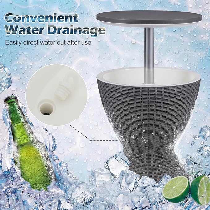 Outdoor Cooler Table, Adjustable Cool Bar with 8 Gal Ice Bucket, Drain Plug | 3-in-1 design, durable rattan-style finish, easy assembly, simple cleanup, stylish outdoor entertaining solution
